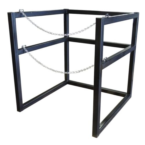 The Justrite Gcyl Barricade Rack, 33In, is a black metal stand with a rectangular frame featuring horizontal and vertical bars and two diagonal chains for support, designed to securely hold or display an object.
