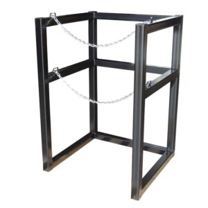 The Justrite Gcyl Barricade Rack, 1Cryo, 22In is ideal for industrial use with its black metal frame and two chains securing the robust vertical and horizontal bars to hold objects securely.