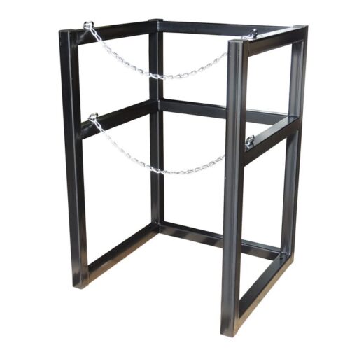The Justrite Gcyl Barricade Rack, 1Cryo, 22In is ideal for industrial use with its black metal frame and two chains securing the robust vertical and horizontal bars to hold objects securely.
