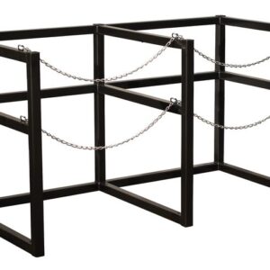 The Justrite Gcyl Barricade Rack, 2Cryo, 33In, is a sleek black metal bike rack with a rectangular design featuring robust chains between bars to secure bicycles, efficiently accommodating multiple bikes.