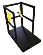 The Justrite Gcyl Fklft Pllt,6Cyl,Endld features a black, rectangular metal frame with a platform base and two yellow straps with a metal clamp, designed to securely hold or support objects.