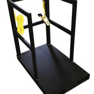 The Justrite Gcyl Fklft Pllt,6Cyl,Endld features a black, rectangular metal frame with a platform base and two yellow straps with a metal clamp, designed to securely hold or support objects.