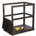 A black metal frame with three vertical bars per side and an open top, like a storage cage. Inside the Endld structure are two yellow metal ratchet straps on the base, perfect for securing items like the Justrite Gcyl Fklft Pllt,6Cyl,Endld,Rmp.