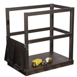 A black metal frame with three vertical bars per side and an open top, like a storage cage. Inside the Endld structure are two yellow metal ratchet straps on the base, perfect for securing items like the Justrite Gcyl Fklft Pllt,6Cyl,Endld,Rmp.
