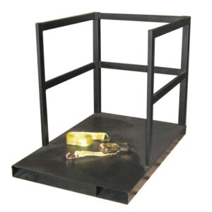 A black metal Justrite Gcyl Fklft Pllt,14Cyl,Endld platform features railings on three sides, resembling a small cage. A yellow strap with a metal buckle sits on the platforms floor.