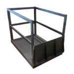 The Justrite Gcyl Fklft Plt,14Cyl,Endld,Rmp is a metal lift platform with a rectangular base and open framework. It features railings on three sides and chains for secure entry, designed for efficient lifting and transporting of materials or personnel.