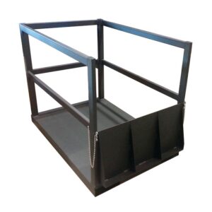 The Justrite Gcyl Fklft Plt,14Cyl,Endld,Rmp is a metal lift platform with a rectangular base and open framework. It features railings on three sides and chains for secure entry, designed for efficient lifting and transporting of materials or personnel.