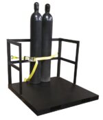 The Justrite Gcyl Fklft Pllt,21Cyl,Endld features a metal platform with two large black gas cylinders secured by a yellow strap within a sturdy black frame.
