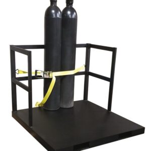 The Justrite Gcyl Fklft Pllt,21Cyl,Endld features a metal platform with two large black gas cylinders secured by a yellow strap within a sturdy black frame.