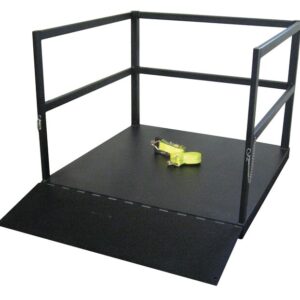 The Justrite Gcyl Fklft Plt, 21Cyl, Endld with an Rmp in black metal features side railings and a yellow strap buckle elegantly placed on the surface.