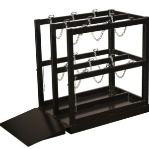 The Justrite Gcyl Fklft Pllt,6Cyl,Br,Rmp is a sleek black metal cylinder storage rack with three vertical compartments secured by chains and an inclined ramp for easy gas cylinder access and organization.