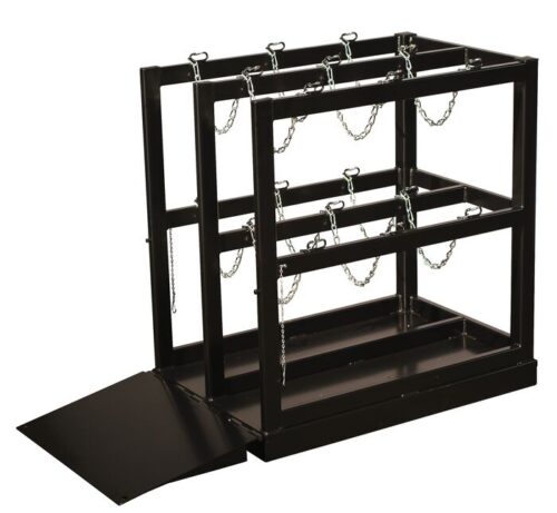 The Justrite Gcyl Fklft Pllt,6Cyl,Br,Rmp is a sleek black metal cylinder storage rack with three vertical compartments secured by chains and an inclined ramp for easy gas cylinder access and organization.