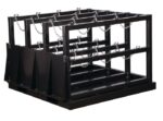 The Justrite Gcyl Fklft Pllt,12Cyl,Br,Rmp is a black metal rack for storing up to 12 compressed gas cylinders. Featuring vertical and horizontal supports and security chains, it has a sturdy, industrial design ideal for any workspace.