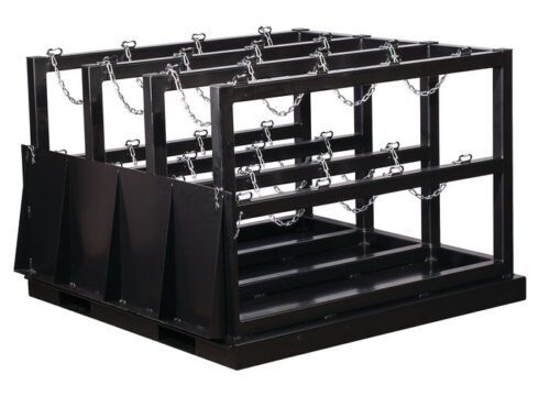 The Justrite Gcyl Fklft Pllt,12Cyl,Br,Rmp is a black metal rack for storing up to 12 compressed gas cylinders. Featuring vertical and horizontal supports and security chains, it has a sturdy, industrial design ideal for any workspace.