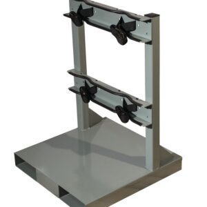 A gray metal frame stand, the Justrite Gcyl Fklft Pllt, 2Cyl model, features a flat base with two rectangular slots and two horizontal bars. Each bar includes two black clamps for securely holding objects.