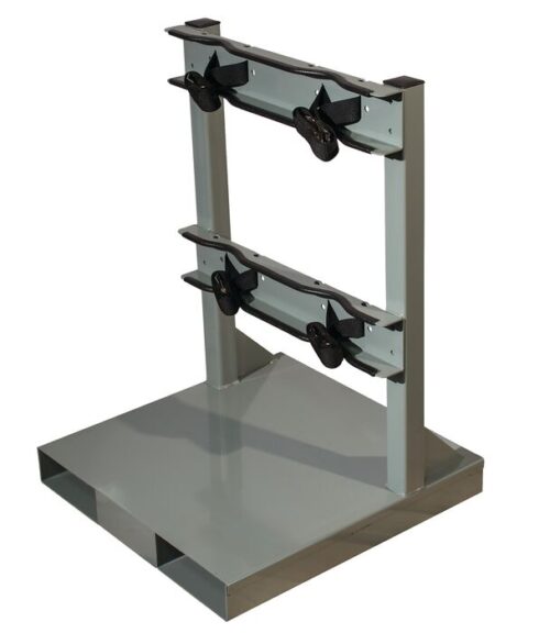 A gray metal frame stand, the Justrite Gcyl Fklft Pllt, 2Cyl model, features a flat base with two rectangular slots and two horizontal bars. Each bar includes two black clamps for securely holding objects.