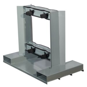 The Justrite Gcyl Fklft Pllt features a light gray metal frame with a rectangular base and upright supports, two crossbars each with two black lever clamps, designed for robust B2B applications.