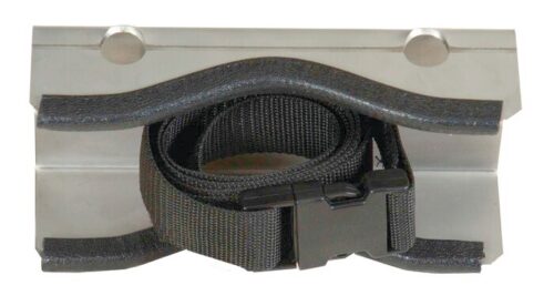 The Justrite Gcyl Supbrkt, Wl, 1Cyl, Ss includes a black strap with a buckle coiled on it, featuring a metallic holder with two screw holes. The strap is secured between protective coverings for stability and durability.