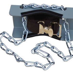 The Justrite Gcyl Supbrkt is a sturdy metal anti-theft steering wheel lock with a gray rectangular casing, black adjustable strap, and shinny silver chain. Its gold buckle ensures your vehicles secure protection.