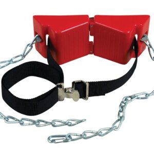 A pair of red plastic boot-like objects connected by a metal chain and black strap with a buckle for restraint or training highlight durability and practicality, similar to the reliable engineering of Justrite Gcyl Supbrkt, Wl, 1Cyl, Poly, G110.