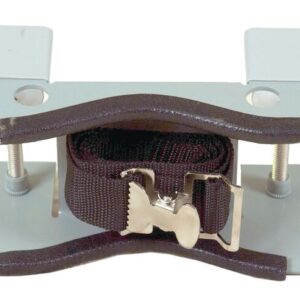 The Justrite Gcyl Supbrkt, Bch, 1Cyl features a leather and fabric strap with a metal buckle, secured by a gray clamp with two adjustable screws. It has a flat base and extended arms with holes for versatile use.