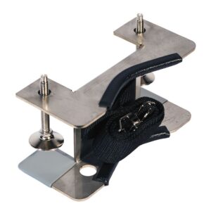 The Justrite Gcyl Supbrkt, Bch, 1Cyl, Ss is a metallic clamp with two adjustable screws and a sleek black strap. This T-shaped design with rounded edges elegantly rests on a white surface, balancing form and function.