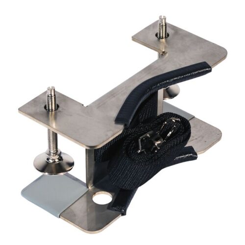 The Justrite Gcyl Supbrkt, Bch, 1Cyl, Ss is a metallic clamp with two adjustable screws and a sleek black strap. This T-shaped design with rounded edges elegantly rests on a white surface, balancing form and function.