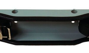 The Justrite Gcyl Supbrkt, Wl, 2Cyl, Stl is a rectangular metal bracket with multiple holes and two attached buckle straps, perfect for mounting or support. Its smooth metal surface has a slight reflective finish that enhances durability and style.