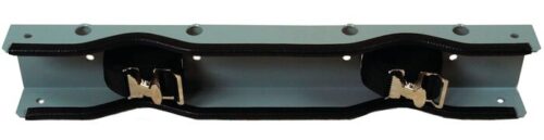 The Justrite Gcyl Supbrkt, Wl, 2Cyl, Stl is a rectangular metal bracket with multiple holes and two attached buckle straps, perfect for mounting or support. Its smooth metal surface has a slight reflective finish that enhances durability and style.