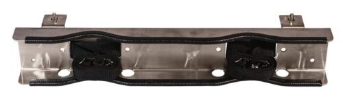 The Justrite Gcyl Supbrkt, Bch, 2Cyl, Ss is a sleek metallic bracket with two adjustable black straps and mounting screws on each end. It features a wavy center structure with multiple holes for attachments, ideal for Bch installations.