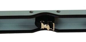 The Justrite Gcyl Supbrkt, Wl, 3Cyl, Stl is a metal component with a wave-like design and multiple top-surface holes. It includes three black connectors with silver clips for sturdy support of 3Cyl setups.