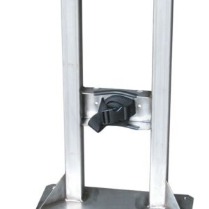 The Justrite Gcyl Stnd,1Cyl,Ss is a stainless steel bracket mount with two adjustable straps, featuring a sturdy base and vertical support for secure positioning. Its sleek metal finish adds to its durable appearance.