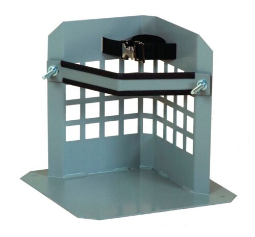The Justrite Gcyl Stnd,1Cyl,Lowprof,Stl is a metal corner guard with a grid pattern and adjustable strap for livestock protection. Constructed from sturdy material, it integrates seamlessly with Lowprof installations in corners to prevent injury or damage.