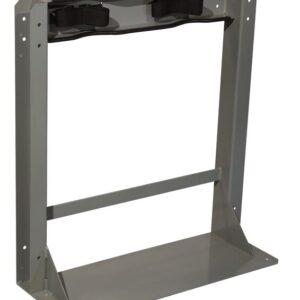 The Justrite Gcyl Stnd,2Cyl,Stl features a gray metal frame and black straps to securely hold or support up to two cylinders. Its robust design includes a base and side supports with holes for easy mounting or securing.