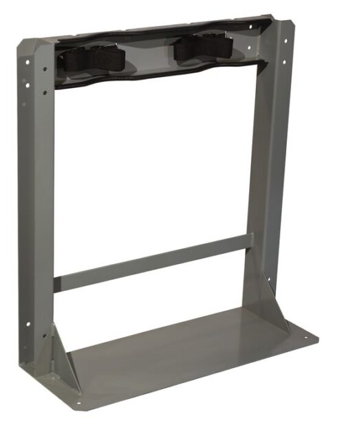 The Justrite Gcyl Stnd,2Cyl,Stl features a gray metal frame and black straps to securely hold or support up to two cylinders. Its robust design includes a base and side supports with holes for easy mounting or securing.