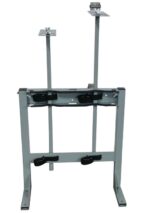 A sleek steel garment rack mimicking the Justrite Gcyl Stnd design, with a U-shaped base, two poles ending in adjustable hooks, rectangular top support, black clamps on the horizontal bar, and unassembled for minimalistic charm.