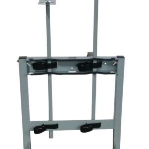 A sleek steel garment rack mimicking the Justrite Gcyl Stnd design, with a U-shaped base, two poles ending in adjustable hooks, rectangular top support, black clamps on the horizontal bar, and unassembled for minimalistic charm.