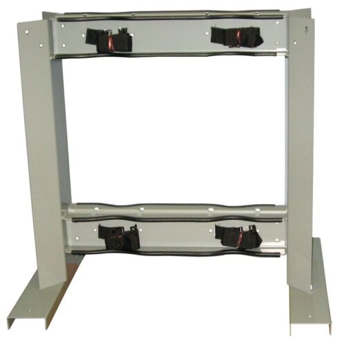 A durable Justrite Gcyl Stnd,4Cyl,B2B,Stl with a rectangular frame includes adjustable supports and two black securing straps. Ideal for vertical surfaces with angled side legs and a light gray finish, perfect for B2B installations.