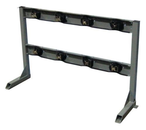 The Justrite Gcyl Stnd,4Cyl,Inline,Stl is a metal cable reel rack with two horizontal beams holding multiple inline reel holders. Supported by sturdy angled legs for stability, it efficiently holds and dispenses multiple reels of cable.