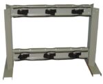The Justrite Gcyl Stnd,6Cyl,B2B,Stl metal rack features four adjustable straps and a rectangular frame with two horizontal supports and sturdy footplates for stability, ideal for securely organizing or holding equipment.