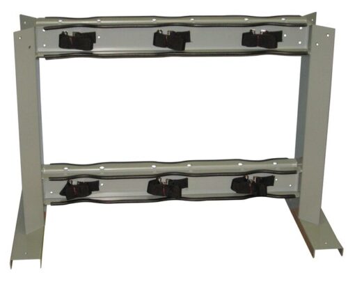 The Justrite Gcyl Stnd,6Cyl,B2B,Stl metal rack features four adjustable straps and a rectangular frame with two horizontal supports and sturdy footplates for stability, ideal for securely organizing or holding equipment.