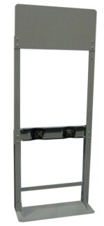 A tall, gray metal stand with a rectangular frame and two horizontal supports, similar to the Justrite Gcyl Stnd,Prst,2Cyl,Stl. It seems to be a mounting bracket or support structure for holding equipment or displays.