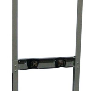 A tall, gray metal stand with a rectangular frame and two horizontal supports, similar to the Justrite Gcyl Stnd,Prst,2Cyl,Stl. It seems to be a mounting bracket or support structure for holding equipment or displays.