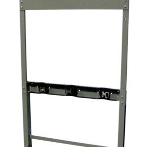 The Justrite Gcyl Stnd,Prst,3Cyl,Stl is a metal stand with a sturdy rectangular frame and two horizontal belts with buckles for secure support, ensuring durability and reliability in various settings.