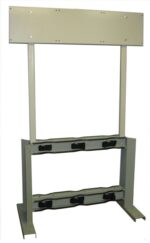 The Justrite Gcyl Stnd,Prst,6Cyl,B2B,Stl is a metal stand with two vertical supports and a horizontal base with multiple hooks. Featuring a flat panel top with pre-drilled holes and finished in light gray, its ideal for securely organizing or displaying items.