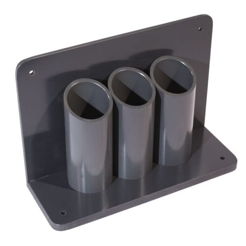 The Justrite Gcyl Stnd,3Cyl,Bch-Wall,2In gray plastic holder securely organizes three rods in parallel cylindrical tubes and features four screw holes for easy wall mounting.