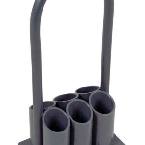 The Justrite Gcyl Stnd,6Cyl,Tote,2In is a gray plastic hose holder featuring a rounded handle and multiple vertical slots for organizing hoses or cables, ideal for adding to your gardening tote.