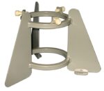 The Justrite Gcyl Stnd, 1Cyl, Bch, 3-4In is a gray cast iron ring stand with two rings and three triangular supports. It includes adjustable screw knobs for securely holding flasks or beakers during lab experiments.