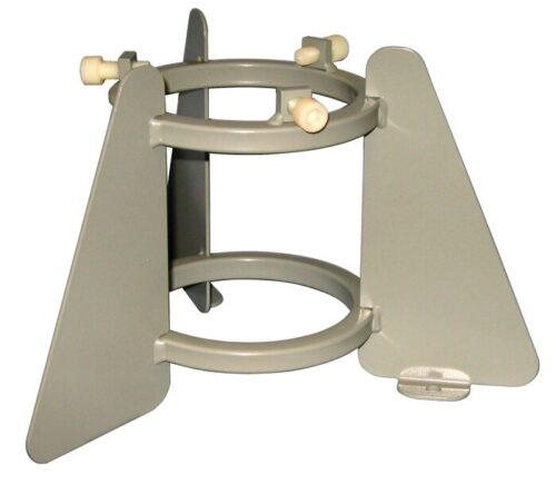 The Justrite Gcyl Stnd, 1Cyl, Bch, 3-4In is a gray cast iron ring stand with two rings and three triangular supports. It includes adjustable screw knobs for securely holding flasks or beakers during lab experiments.