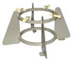 The Justrite Gcyl Stnd,1Cyl,Bch,5-7In is a gray metal rocket stand with two circular rings, adjustable knobs, and triangular fins, ideal for securely holding a 5-7 inch 1-cylinder rocket upright.